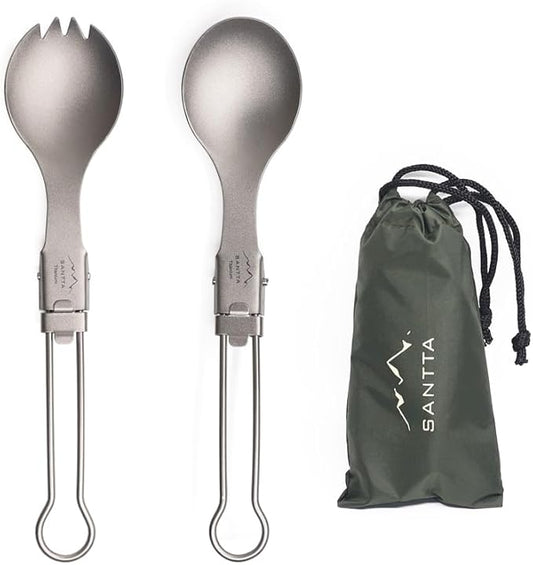 SANTTA Portable Titanium Foldable Utensils Spoon and Spork, Flatware with Pouch for Backpacking, Hiking, Camping and Traveling