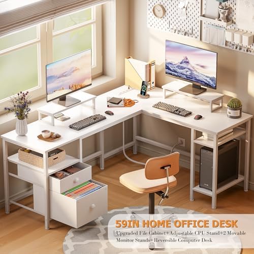 Furologee White 59” L Shaped Desk with Power Outlet, Reversible Computer Desk with File Drawer & 2 Monitor Stands, Corner Home Office Table with Storage Shelves for Gaming Writing