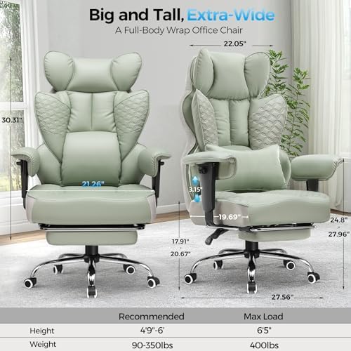 COMHOMA Big and Tall Office Chair Heavy Duty Wide Ergonomic Gaming Chair with Deluxe Embossing Designed Leather with Foot Rest,150°Reclining Adjustable Armrests Pocket Spring Back Support and Pillow