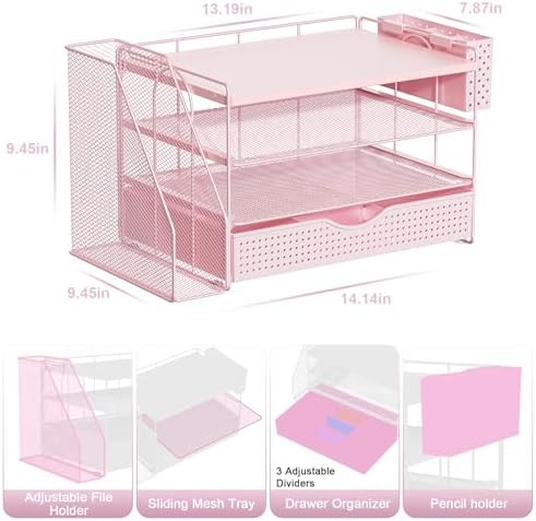 Wood Desk Organizers and Accessories with File Holder, 4-Tier Desk Accessories & Workspace Organizers with Drawer and Pen Holder, Desk Reference Organizer (Pink, 4T with Drawer)