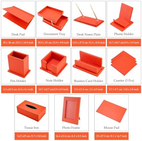 Luxury Executive Leather Desk Organizer Set –13-Piece Office Desk Accessories with Desk Pad, Letter Tray, Phone Stand, Pen Holder & Coasters – Professional Office Desk Decor & Gift (Orange)