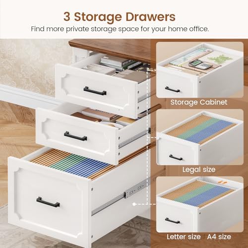 SEDETA Farmhouse 70.9" Executive Desk, Home Office Desk with File Drawers and Storage Cabinet, Computer Desk with Power Outlet for Home Office, Work Study Writing, White+Brown
