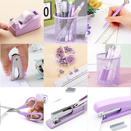 Purple Desk Accessories, Purple Office Supplies, Stapler, Staple Remover, Tape Holder, Pen Holder, Ballpoint Pen, Scissor, Binder Clips, Paper Clips and 1000pcs Staples.