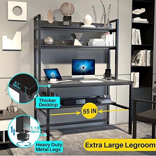 Aquzee Desk with Hutch, Computer Desk with Shelves, 55 Inch