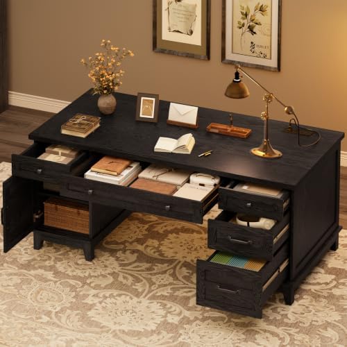 GarveeHome Farmhouse Executive Desk with File Drawers, 60 in Home Office Desk with Charging Station, Wooden Computer Desk with Cabinet Storage for Work Study Writing, Rustic Black