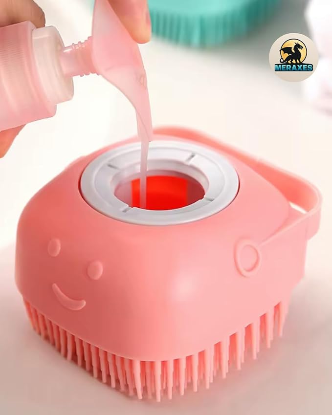 MERAXES Pet Grooming Bath Brush with Soap Dispenser – Soft Silicone Massage Bristles for Dogs & Cats, Gentle Deshedding & Deep Cleaning for Long or Short Hair – Pink