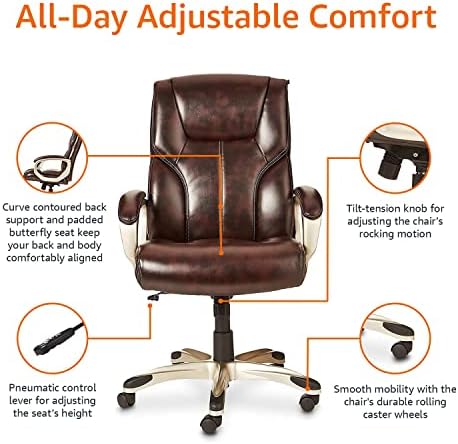 Amazon Basics Executive High Back Office Chair, Adjustable Height, Tilt, Swivel, Padded Armrests, Brown/Gold