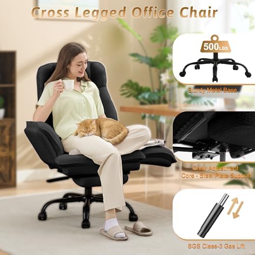 Wider Seat Office Chair with Flip Armrests for Criss Cross Legged&Cats, Big and Tall Executive Ergonomic Reclining Chair with Footrest&Lumbar Pillow, Teddy Fleece Desk Chair,Black Vanity Chair