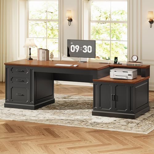 SEDETA Farmhouse 70.9" Executive Desk, Home Office Desk with File Drawers and Storage Cabinet, Computer Desk with Power Outlet for Home Office, Work Study Writing, Black+Brown