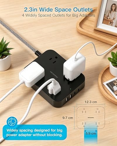 5 Ft Braided Extension Cord, Ultra-Thin Flat Plug, 4 Widely Spaced Outlets