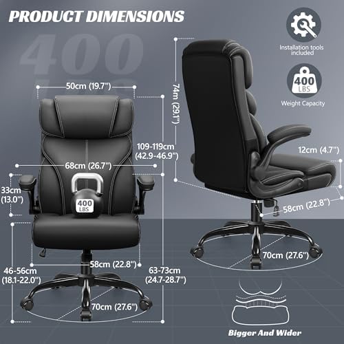 HeroSet Office Chair, Ergonomic Big and Tall Computer Desk Chairs, Executive Breathable Leather Chair with Adjustable Flip-up Armrests, Lumbar Support Swivel PC Chair with Rocking Function,Matte Black