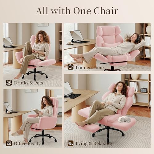 Office Chair with Flip Armrests,Big and Tall Office Chair with Foot Rest,Extra Wide Seat & Lumbar Pillow,Comfy Criss Cross Chair for Pets Sitting,Ergonomic Computer Gaming Chair,Teddy Fleece,Pink