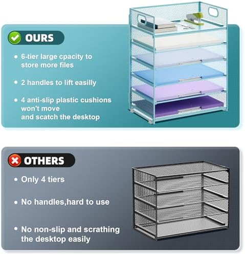 Marbrasse 6 Tier Paper Organizer Letter Tray - Mesh Desk File Organizer with Handle, Paper Sorter for Letter/A4 Office File Folder Holder -Blue