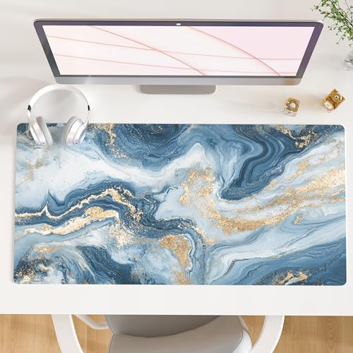 QiyI PU Leather Large Mouse Pad, 31.5" x 15.7", Blue White Marble