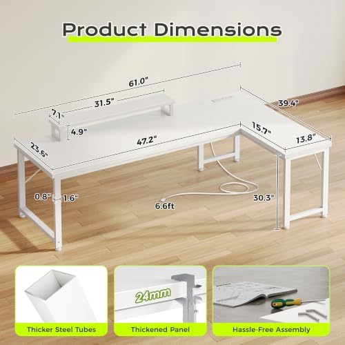 PRAISUN 61" L Shaped Computer Desk, Power Outlets, Monitor Stand, White