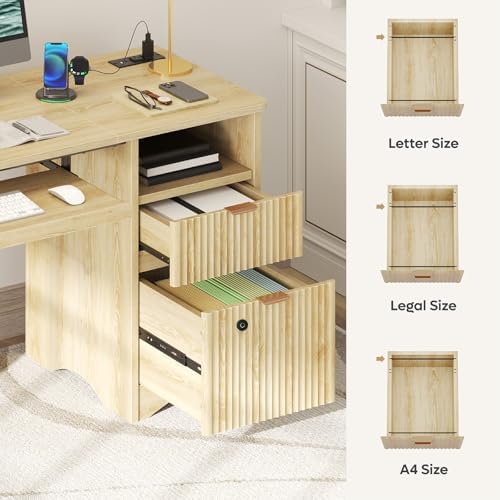 Bestier 55" Desk with Fingerprint Lock & Charging, Keyboard Tray, Oak