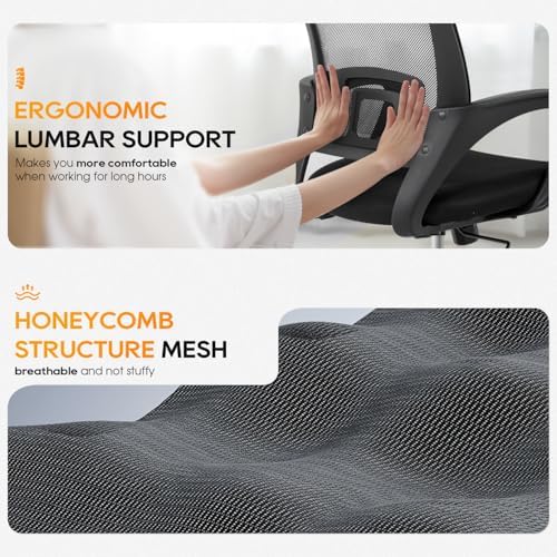 BestOffice | Ergonomic Office Chair | Mid-Back Swivel Desk Chair | Breathable Backrest & Lumbar Support | Adjustable Height | Sponge Seat | Rolling Wheels | Dark Black | for Adults & Women
