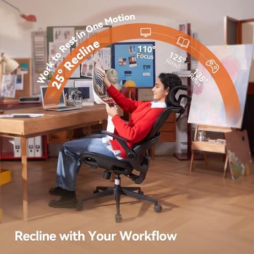 SIHOO B100 Office Chair, Ergonomic Office Chair Without Footrest, Computer Chair with Wide Headrest & Adaptive Lumbar Support, Flip-up Armrests, Swivel Desk Chair for Long Hours, Black