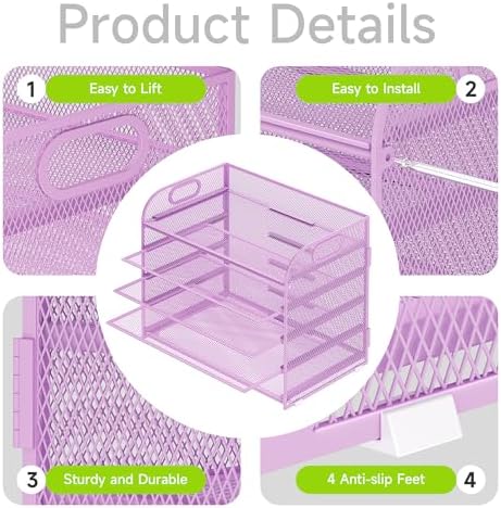 Cawukege 2 Pack 5 Tier Paper Organizer, Letter Tray with Handle, Mesh Desk Organizer, Metal File Organizer, Office Desk Accessories for Home, Office, Classroom, School -Purple
