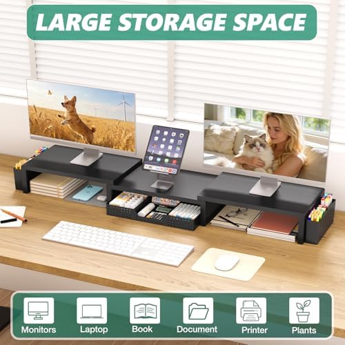 OPNICE Desk Organizer and Accessories, Computer Monitor Stand Riser with Drawer and 2 Pen Holders, Laptop Stand, Office Desk Accessories for Office Supplies, Black