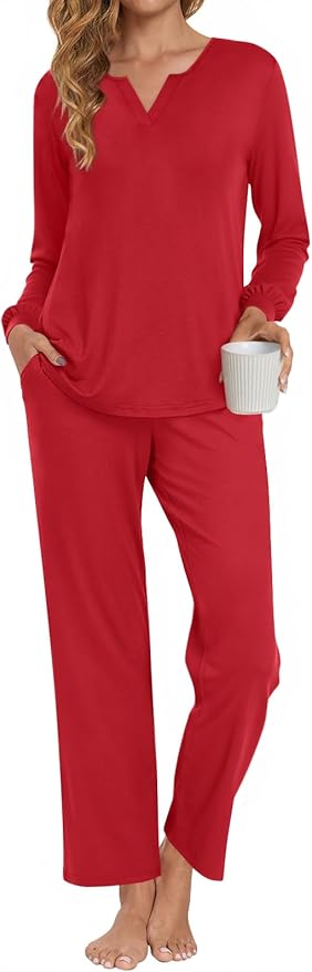 Anyally Women's Plus Size Pajama Sets Ladies Fall Pjs 2 Pieces Lounge Outfits V Neck Long Sleeves Sleepwear with Pockets