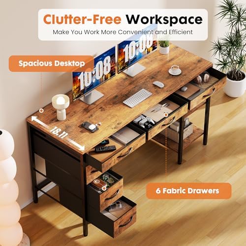 OLIXIS 55 Inch Computer Desk with 6 Fabric Drawers, for Home Office Work