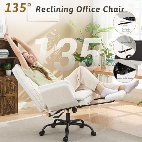 Wider Seat Office Chair with Flip Armrests for Criss Cross Legged&Cats, Big and Tall Executive Ergonomic Reclining Chair with Footrest&Lumbar Pillow, Teddy Fleece Desk Chair,White Vanity Chair