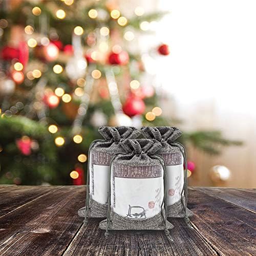 12-Pack Medium Linen Burlap & Organza Gift Bags w. Drawstrings (5x7 in, Gray) - Party Favors, Presents, Samples & Treats Mesh Pouch by The Display Guys