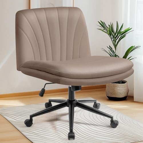 NEO CHAIR Criss Cross Chair with Wheels Armless Cross Legged Office Desk Wide Comfy Vanity Makeup Chair Adjustable Swivel Rolling Computer for Home Office PU Leather (Brown)