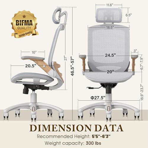 GABRYLLY Ergonomic Office Chair, High Back Home Desk Chair with Flip-Up Arms, Headrest, 90-120° Tilt and Wide Cushion, 300LBS White Mesh Chair for Work Gaming Study (GY01-NT, Woodgrain Pattern)