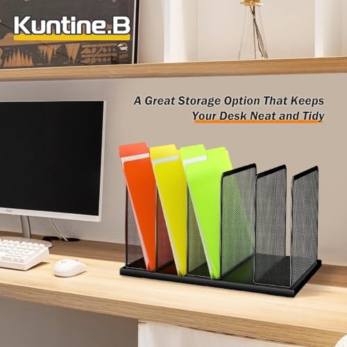Kuntine.B Desk File Organizer Upright Mesh Desktop Organizer File Sorter Office Organization File Holder for Home, Office & Classroom (Black, 2 Pack 5-Section)