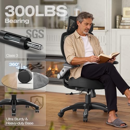 ELABEST X100 Ergonomic Mesh Office Chair, Big and Tall Home Desk Chair with 5D Flip-Up Arms, Adjustable 3D Lumbar Support, Gaming & Executive Computer Chair