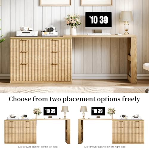 Computer Desk with 6 Drawers, 78" Modern Writing Desk with 0.98" Thickened Desktop & Storage Shelves, Adjustable direction & Extendable Executive Office Desk Study Table for Home Office, Natural Wood