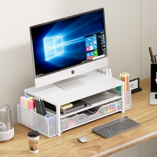 OPNICE Desk Organizer and Accessories, 2-Tier Computer Monitor Stand Riser with Drawer and 2 Pen Holders, Laptop Stand, Office Desk Accessories for Office Supplies, White