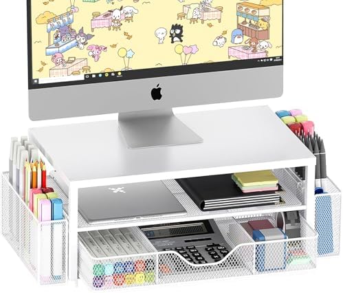 OPNICE Desk Organizer and Accessories, 2-Tier Computer Monitor Stand Riser with Drawer and 2 Pen Holders, Laptop Stand, Office Desk Accessories for Office Supplies, White