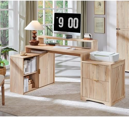 67" Modern Desk with Cabinet & 2 Drawers, Office Desk Built‑in Outlet