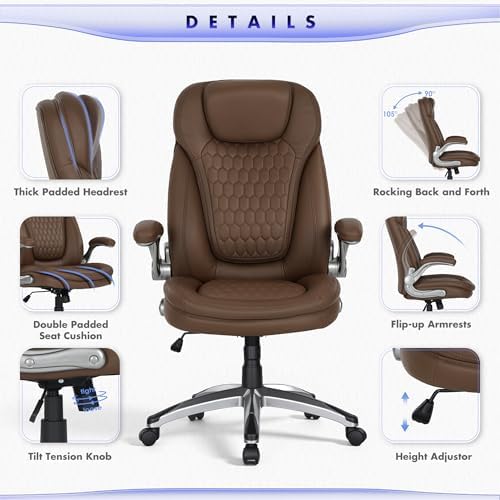 COLAMY Executive Office Chair-Ergonomic Computer Desk Chair, High Back Leather Chair with Padded Flip-up Arms, Swivel Home Office Chair Upgraded Caster, Brown