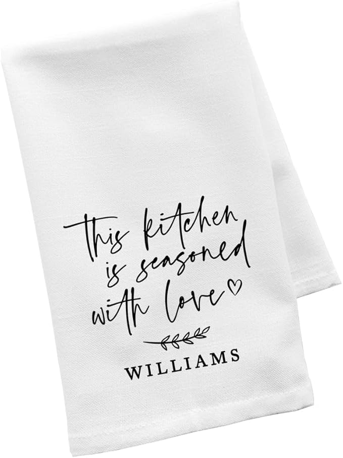 Andaz Press Personalized Kitchen Towel, Flour Sack Tea Towel, This Kitchen is Seasoned with Love Custom Family Name Kitchen Gifts Birthday for Mom Daughter Grandma, Housewarming Gift for Couples