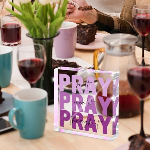 Purple Christian Gifts for Women -Religious Plaques Christian Woman Decor Gift, Modern Home Office Room Bathroom Bedroom Tabletop Shelf Desk Valentines Day Decor, Pray on it Pray through it, Baptism Gifts