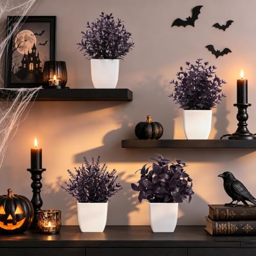 Der Rose 4 Pack Purple Fake Plants in Pots for Halloween Indoor Decor