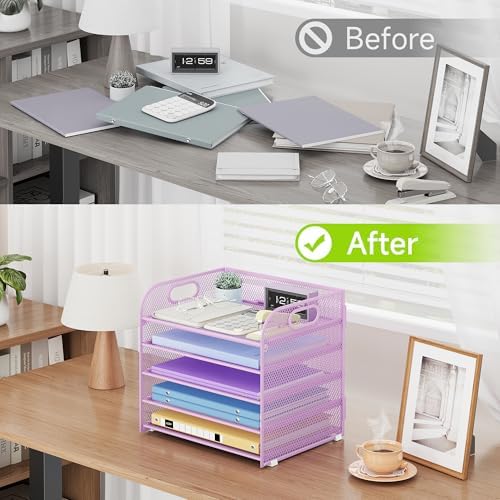 Cawukege 5 Tier Paper Organizer with Handle, Metal Mesh Desk Organizer File Folder Paper Letter Tray Desktop Document Sorter for Classroom, School, Office Accessories Organization and Storage - Purple