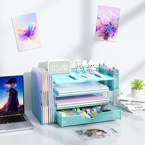 gianotter Wood Desk Organizers and Accessories with File Holder, 4-Tier Desk Accessories & Workspace Organizers with Drawer and 2 Pen Holder, Desk Reference Organizer (Blue, 4T with Metal Drawer)
