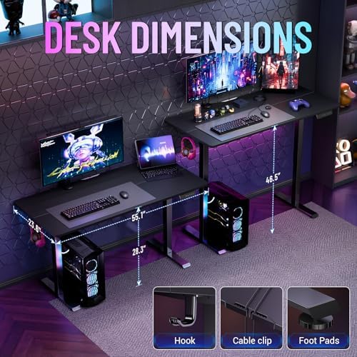 Veken 55 Inch Large Electric Standing Desk, Gaming Table, Black