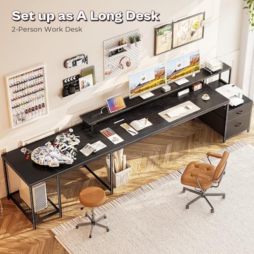 PRAISUN 66" L Shaped Gaming Desk with LED Lights & Power Outlets