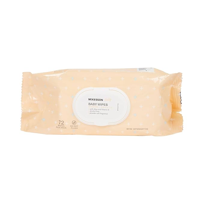 McKesson Baby Wipes, Baby Powder Scent (1 Pack, 72 Wipes) - Aloe & Vitamin E, 99% Water, Flip-Top Lid, Wipes for Sensitive Skin & Diaper Rash, 6.8 in x 7 in, 72 per pack