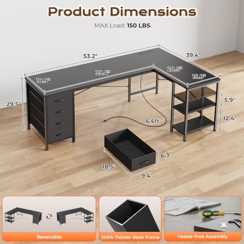 Huuger 55 Inch L Shaped Desk with Fabric Drawers, Reversible Computer Gaming Desk with Power Outlets and USB-C Port, Adjustable Side Storage Shelves, for Work Study Corner Home Office, Black