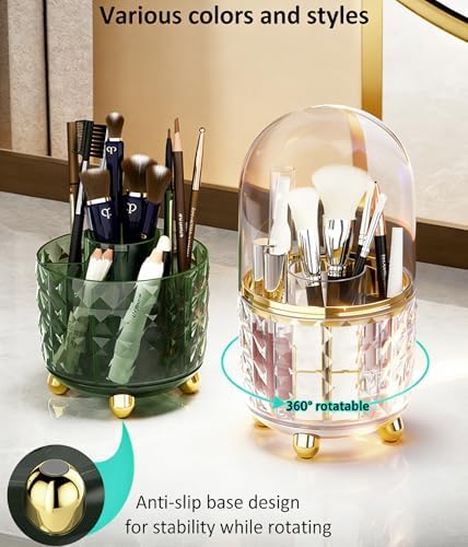 GOTOBA 360° Rotating Pencil Holder for Desk, Makeup Brush Holder with 6 Slots, Desk Organizer for Writing Utensil, Office and School Supplies (Clear with cover)
