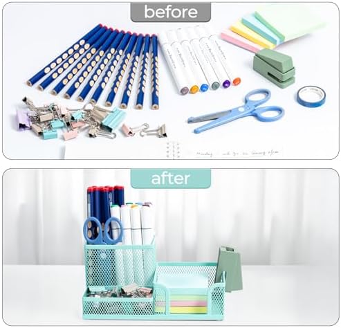 M&G Mesh Pen Holder Desk Organizers Pencil Holder for Desk Light Blue, 3 Compartments Metal Office Supply Organizer with Sticky Notes Holder for Home Office