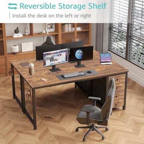 Lufeiya Computer Desk with Drawers - 55 Inch Long Study Work Writing Desk for Home Office Bedroom, Reversible Simple Modern Cute PC Desks with Fabric Drawer, Rustic Brown