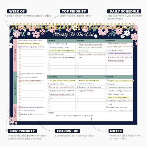 Weekly To Do List Notepad with 52 Undated Sheets（8.5"×11"）- Undated Weekly Planner Notepad for Office Desk Accessories and Supplies - Navy Blossom